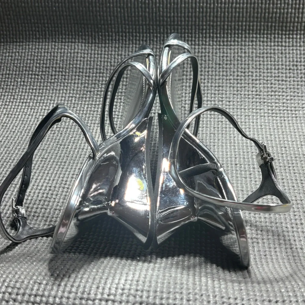 Zara Sandals Women 41 Silver Metallic Strappy Wedge Mirror Heel Y2K Retro Chrome